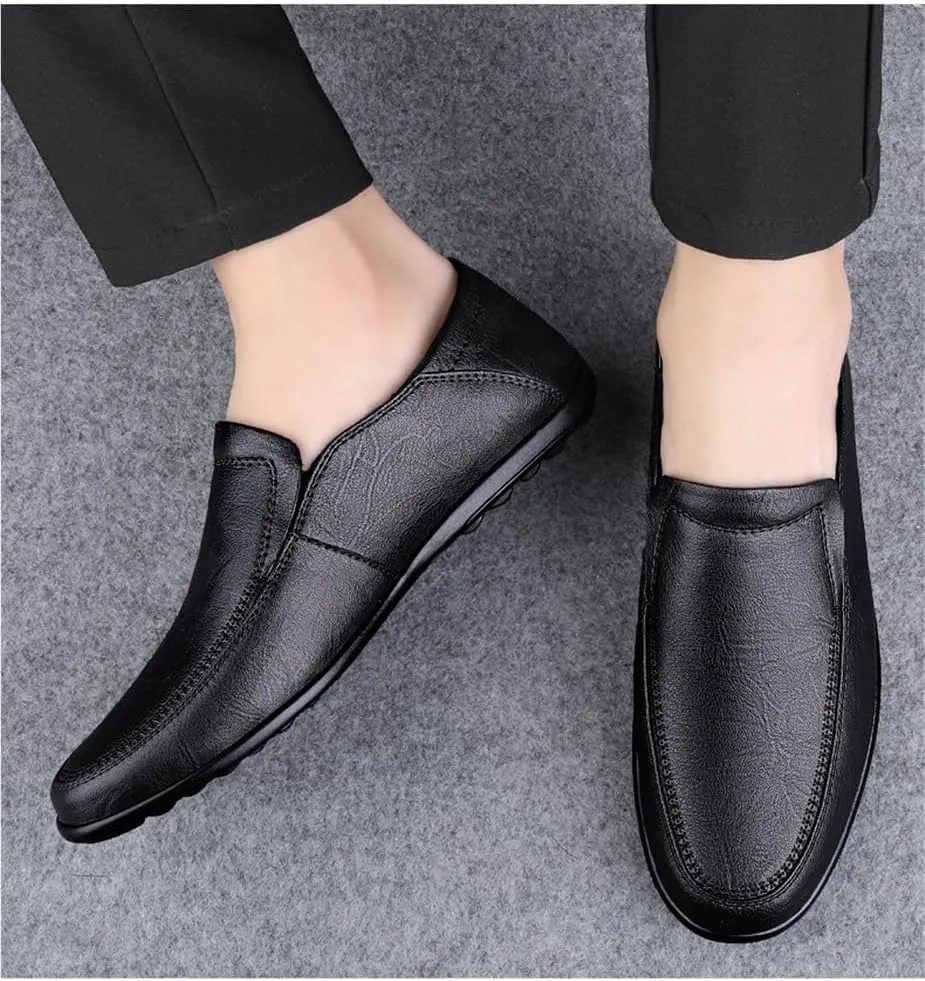 Fashion Mens Loafers Shoes Vegan Leather Evening Round Toe Solid Color Non Slip Block Heel Anti-Slip Classic Slip On