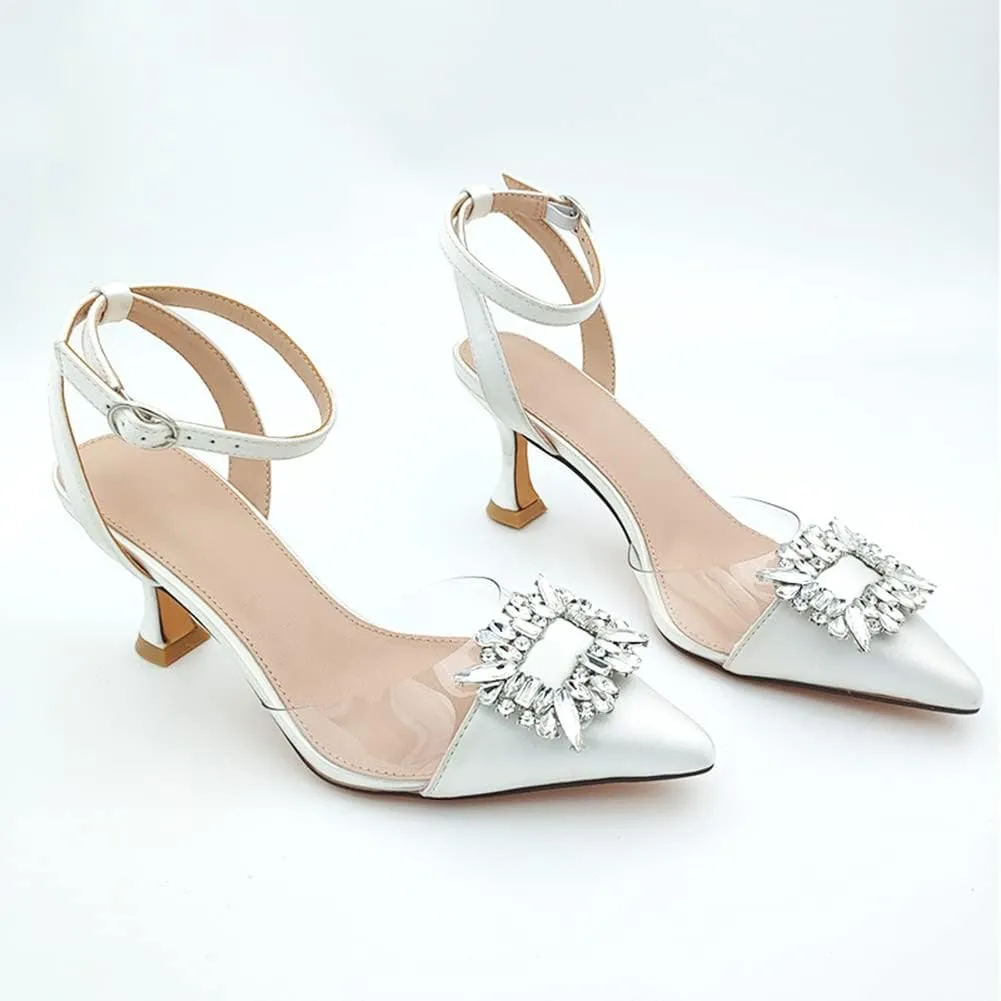 Fashion Rhinstone Clear Kitten Heels Wedding Low Heel Slingback Adjustable Strap Sandals