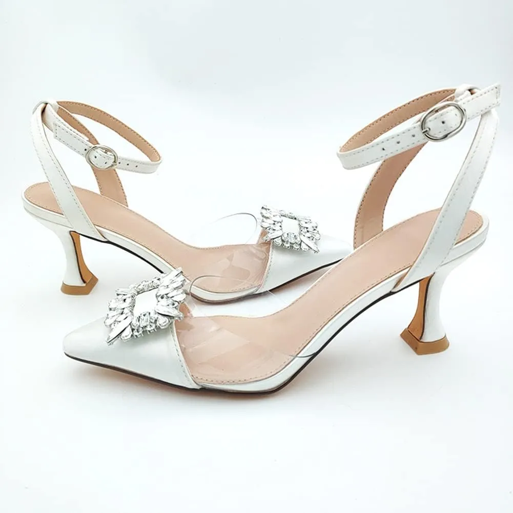Fashion Rhinstone Clear Kitten Heels Wedding Low Heel Slingback Adjustable Strap Sandals