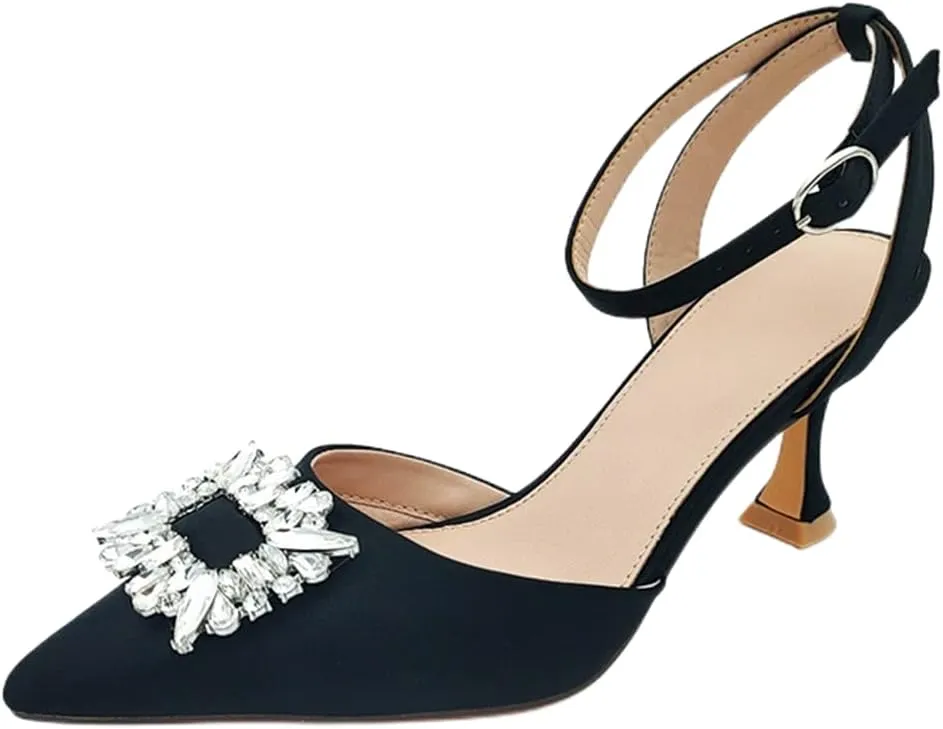 Fashion Rhinstone Clear Kitten Heels Wedding Low Heel Slingback Adjustable Strap Sandals