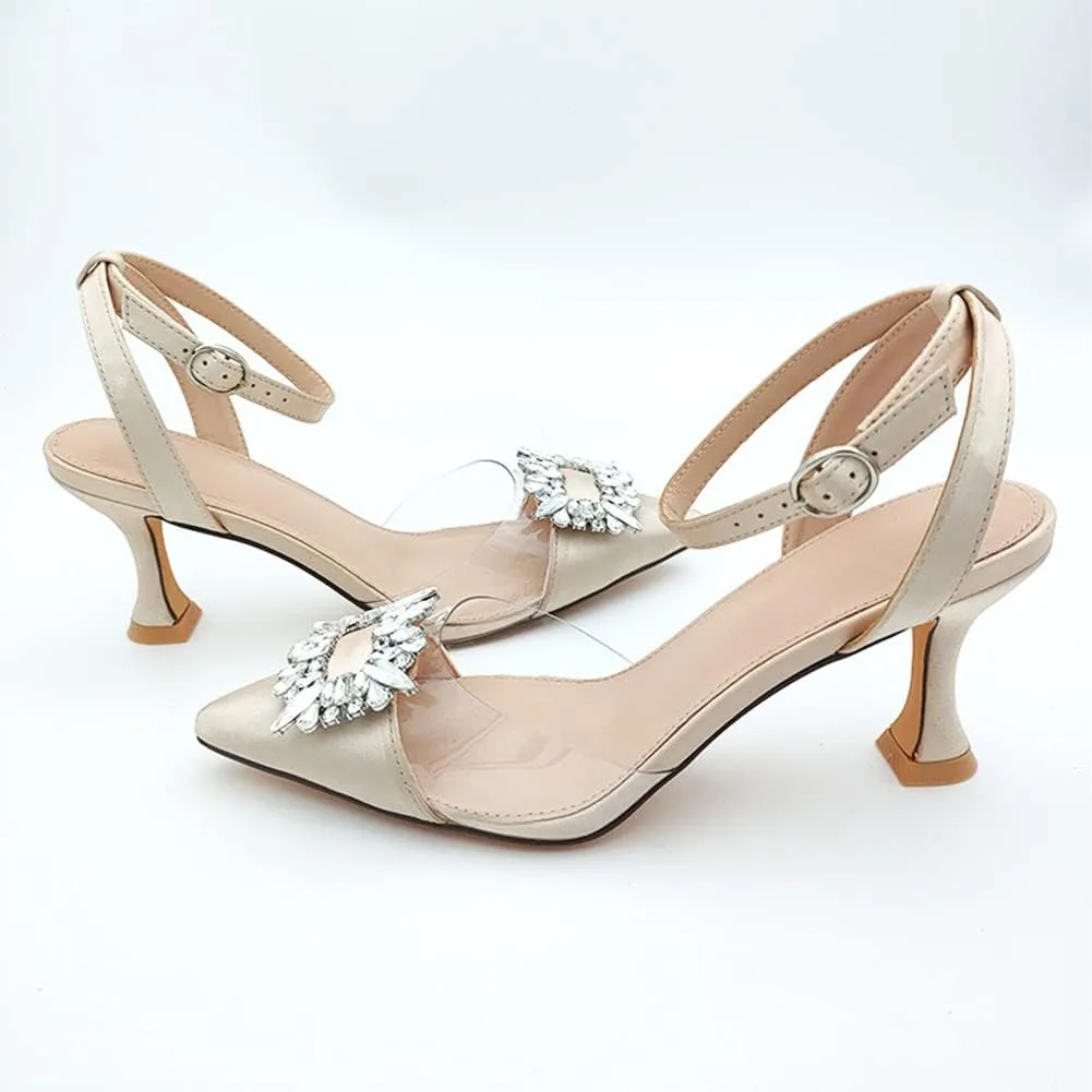 Fashion Rhinstone Clear Kitten Heels Wedding Low Heel Slingback Adjustable Strap Sandals