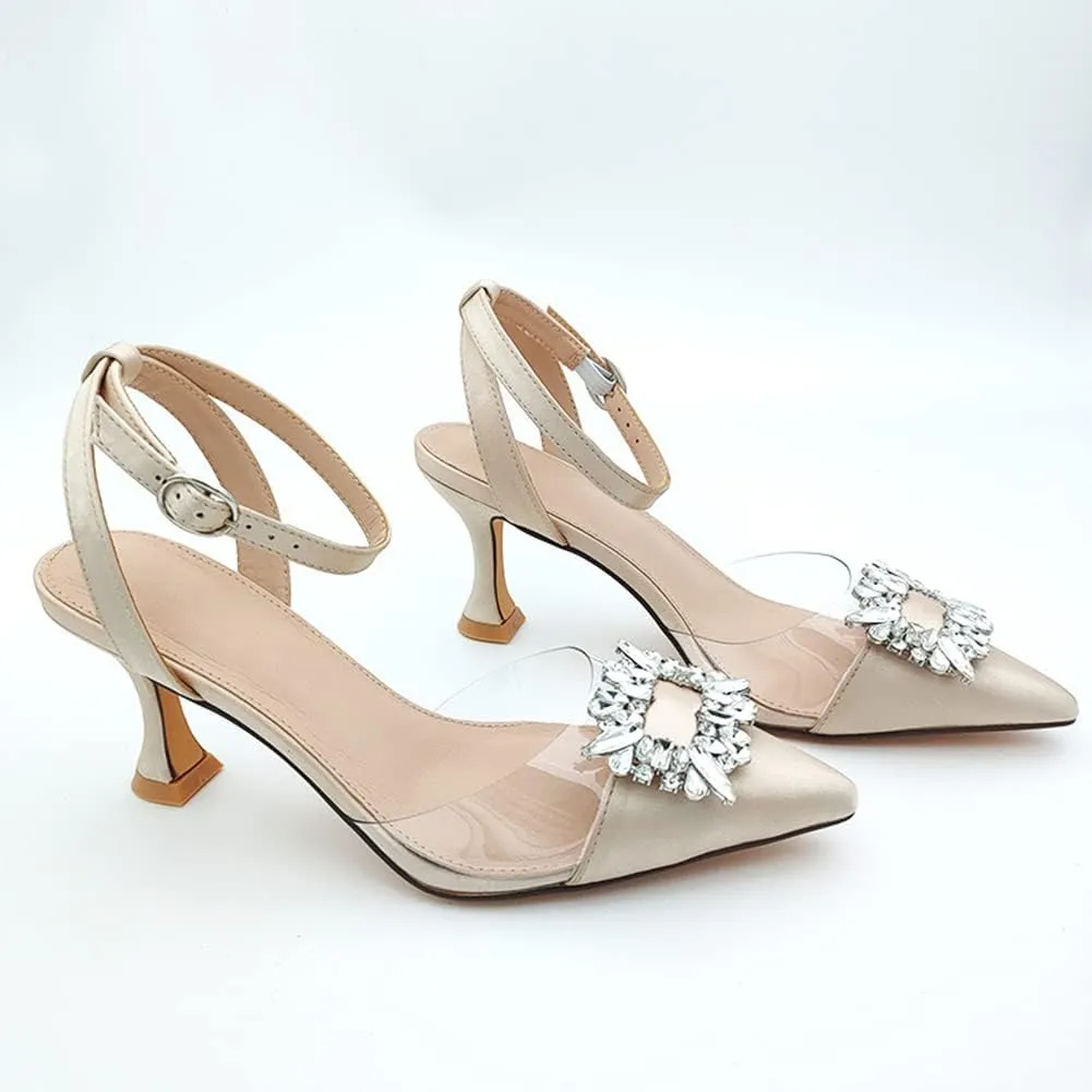 Fashion Rhinstone Clear Kitten Heels Wedding Low Heel Slingback Adjustable Strap Sandals
