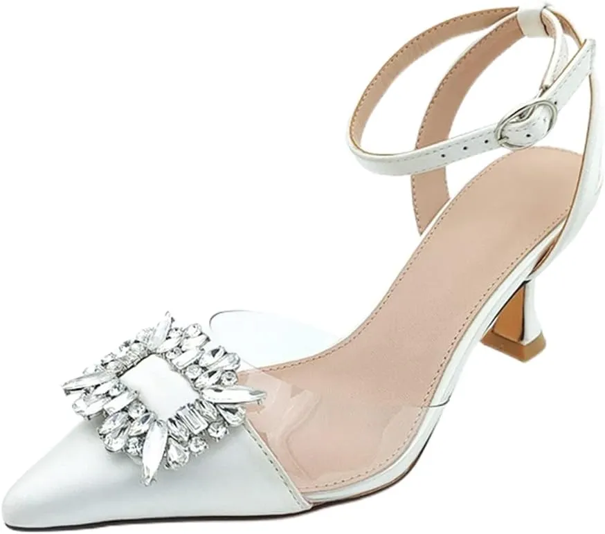 Fashion Rhinstone Clear Kitten Heels Wedding Low Heel Slingback Adjustable Strap Sandals