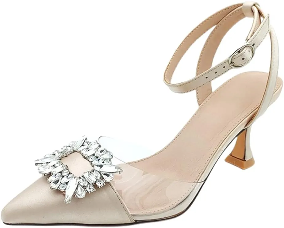 Fashion Rhinstone Clear Kitten Heels Wedding Low Heel Slingback Adjustable Strap Sandals