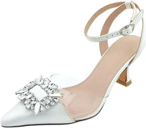 Fashion Rhinstone Clear Kitten Heels Wedding Low Heel Slingback Adjustable Strap Sandals