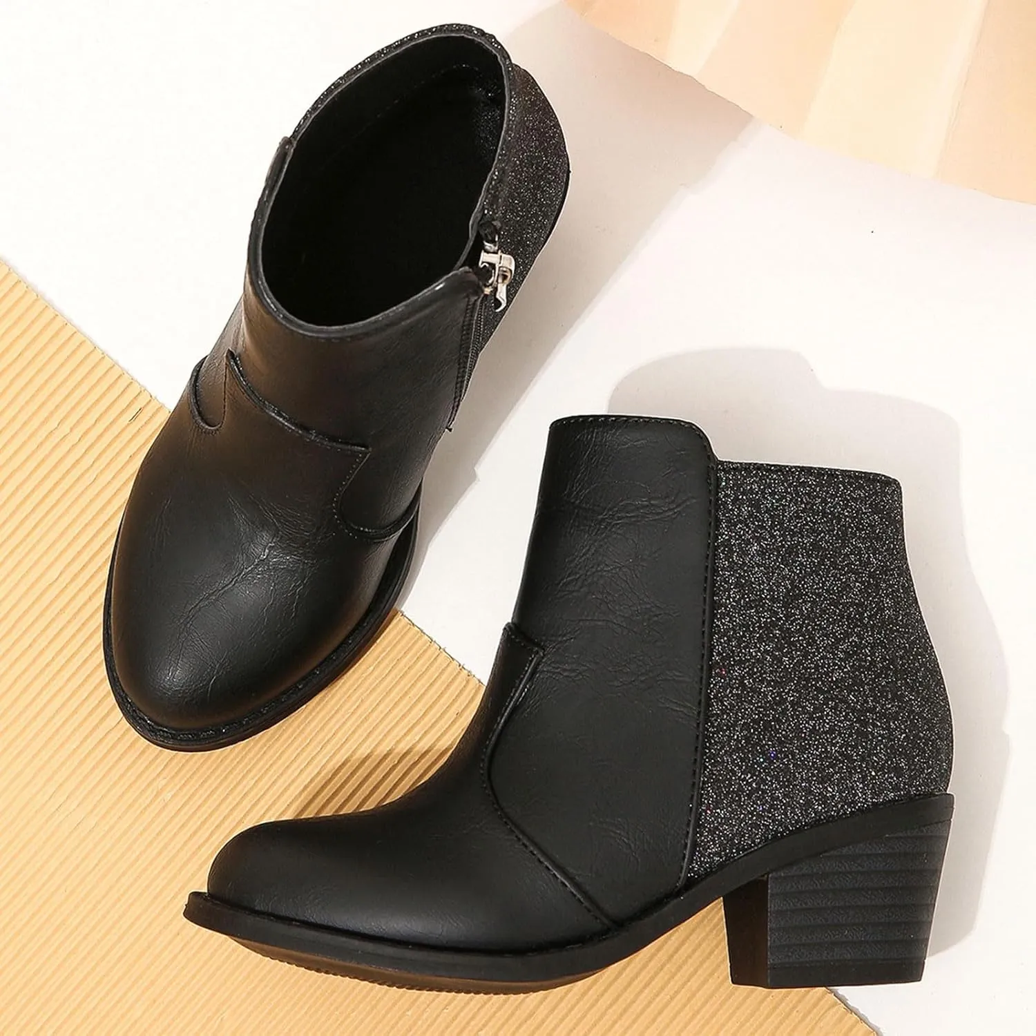 Girls Ankle Boots Glitter Side Zipper Short Booties Chunky Low Block Heel Short Girl's Boots for Little Kids/Big Kid