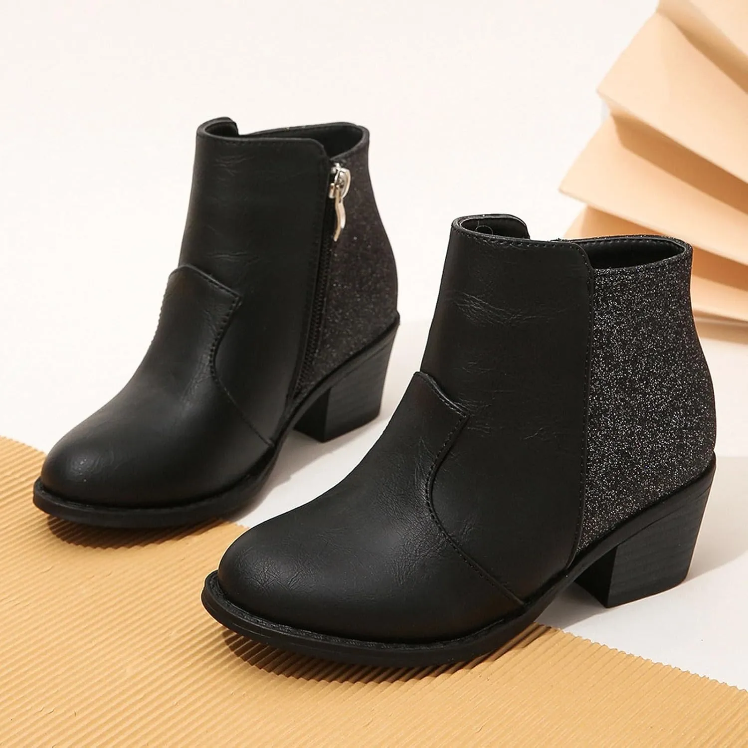 Girls Ankle Boots Glitter Side Zipper Short Booties Chunky Low Block Heel Short Girl's Boots for Little Kids/Big Kid