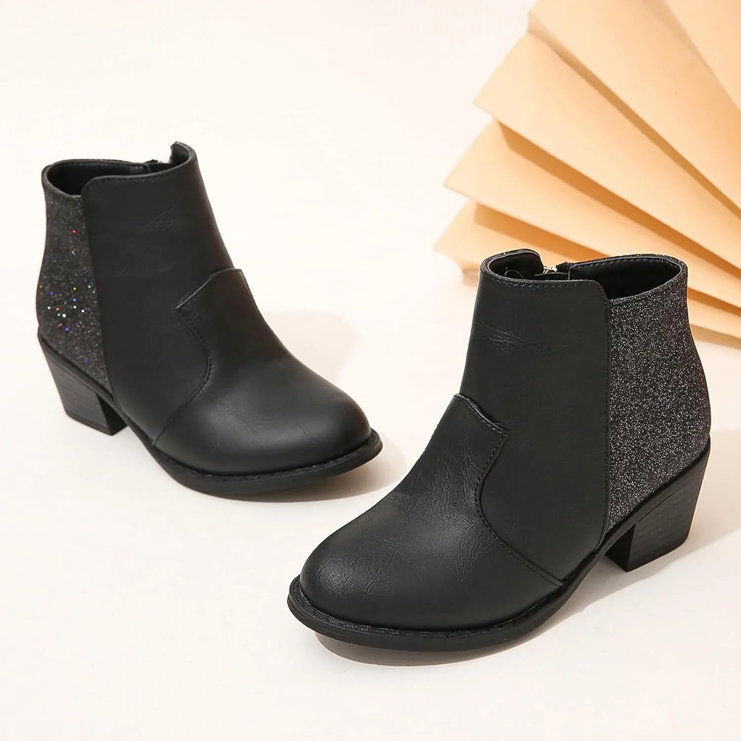 Girls Ankle Boots Glitter Side Zipper Short Booties Chunky Low Block Heel Short Girl's Boots for Little Kids/Big Kid