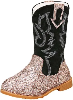 Girls Cowgirl Boots Mid Calf Square Toe Western Boot for Kids Glitter Cowboy Boots Party Toddler Girls Riding Shoes