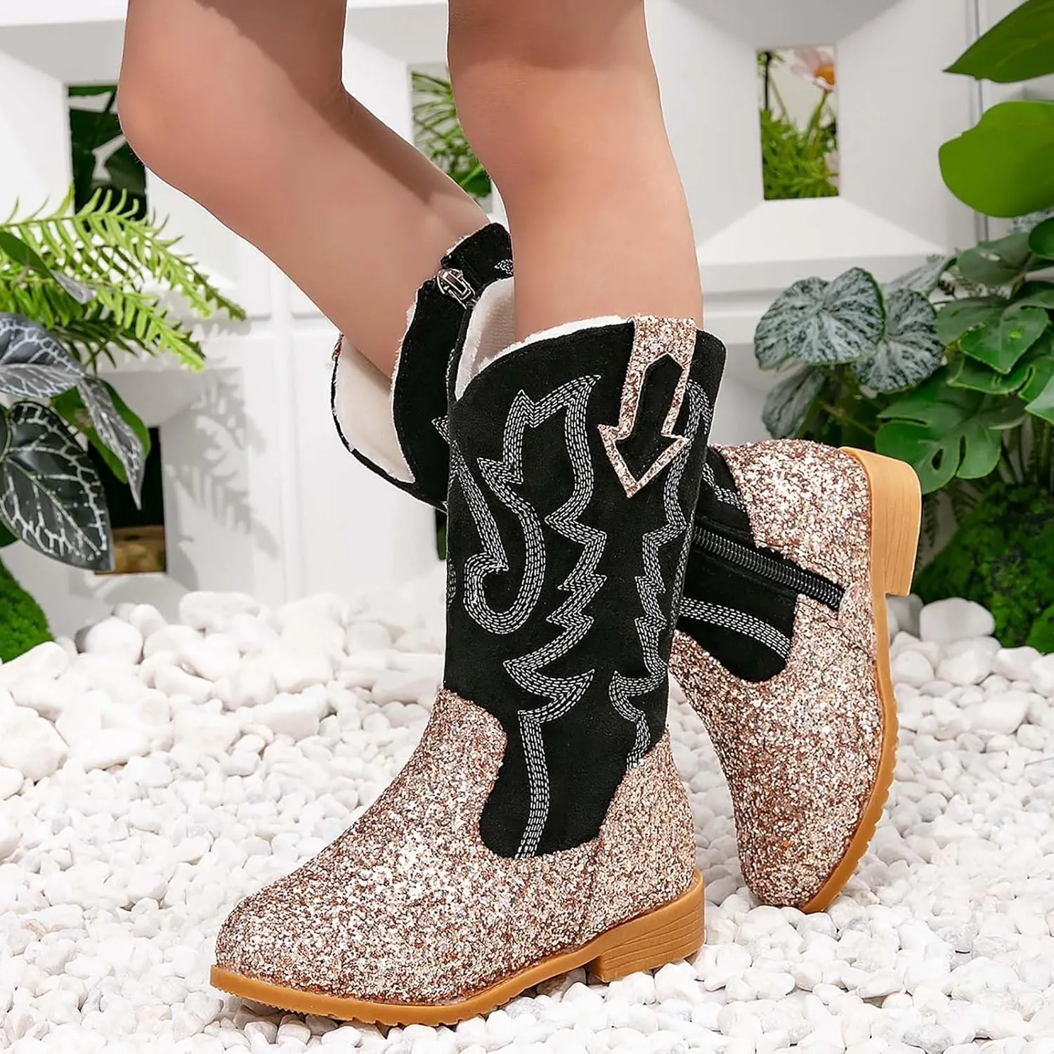 Girls Cowgirl Boots Mid Calf Square Toe Western Boot for Kids Glitter Cowboy Boots Party Toddler Girls Riding Shoes