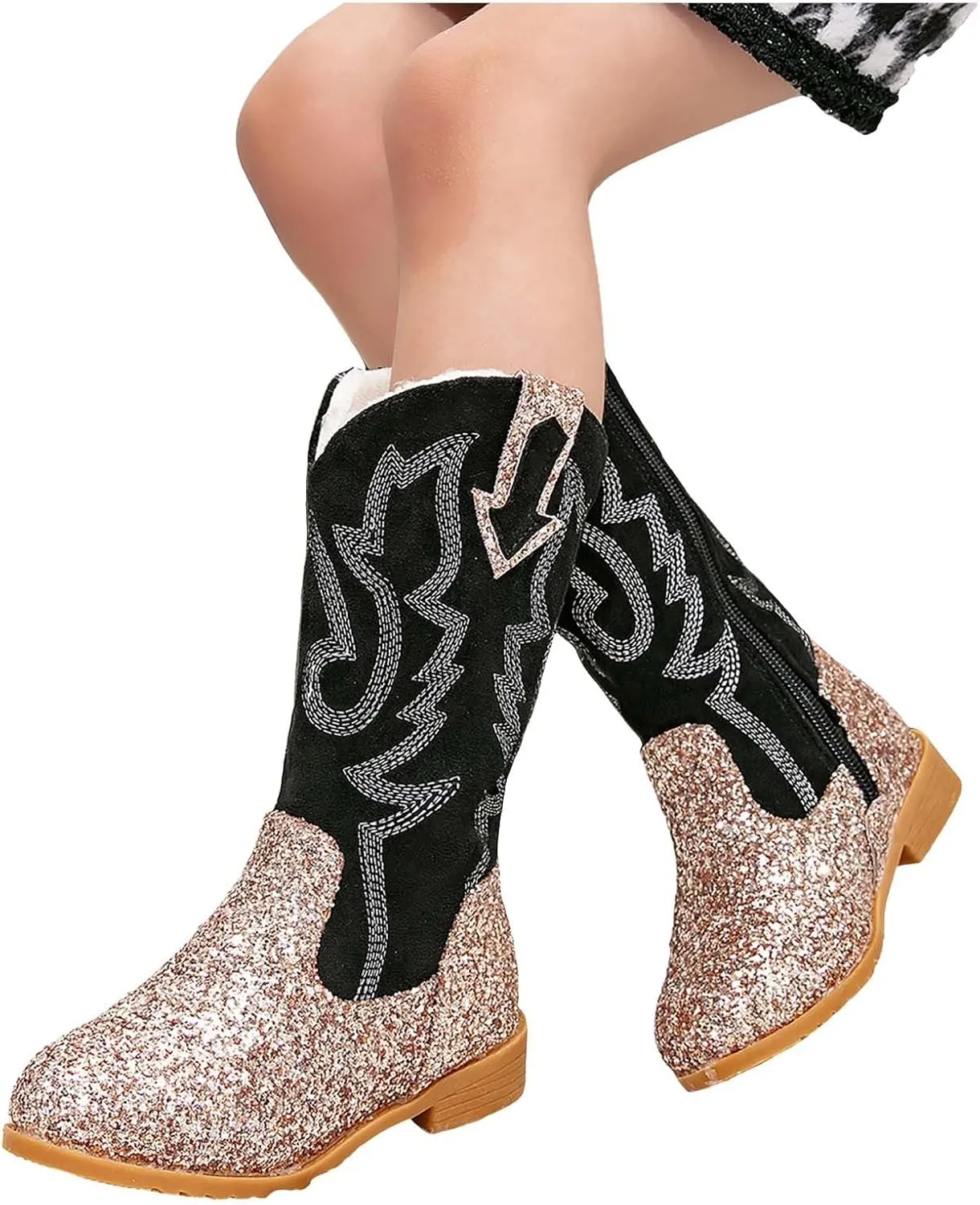 Girls Cowgirl Boots Mid Calf Square Toe Western Boot for Kids Glitter Cowboy Boots Party Toddler Girls Riding Shoes