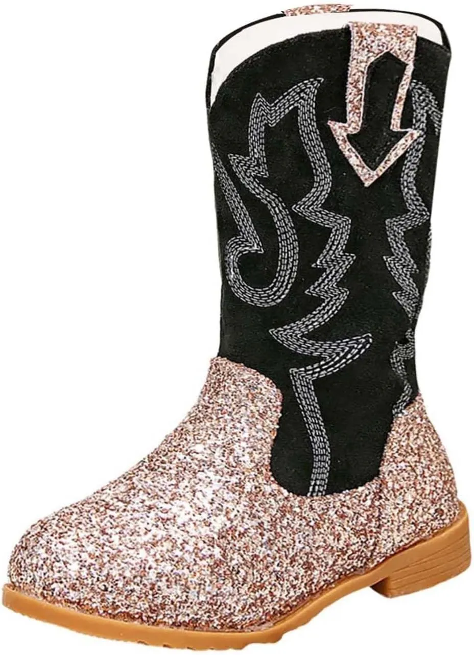 Girls Cowgirl Boots Mid Calf Square Toe Western Boot for Kids Glitter Cowboy Boots Party Toddler Girls Riding Shoes
