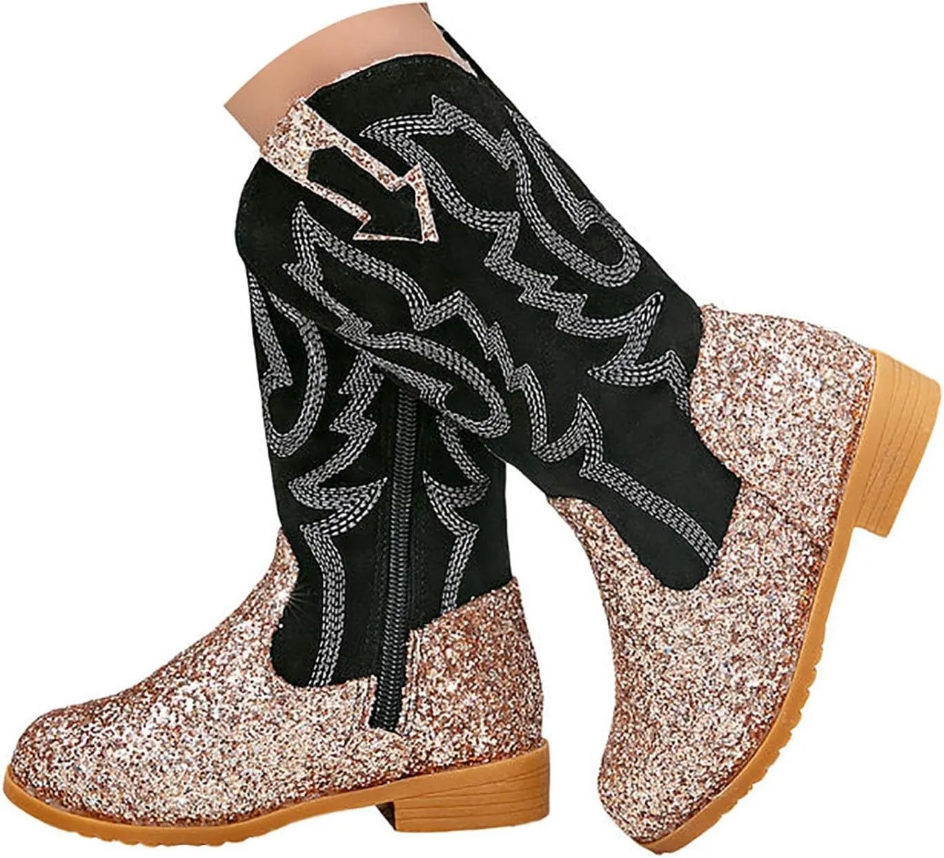 Girls Cowgirl Boots Mid Calf Square Toe Western Boot for Kids Glitter Cowboy Boots Party Toddler Girls Riding Shoes