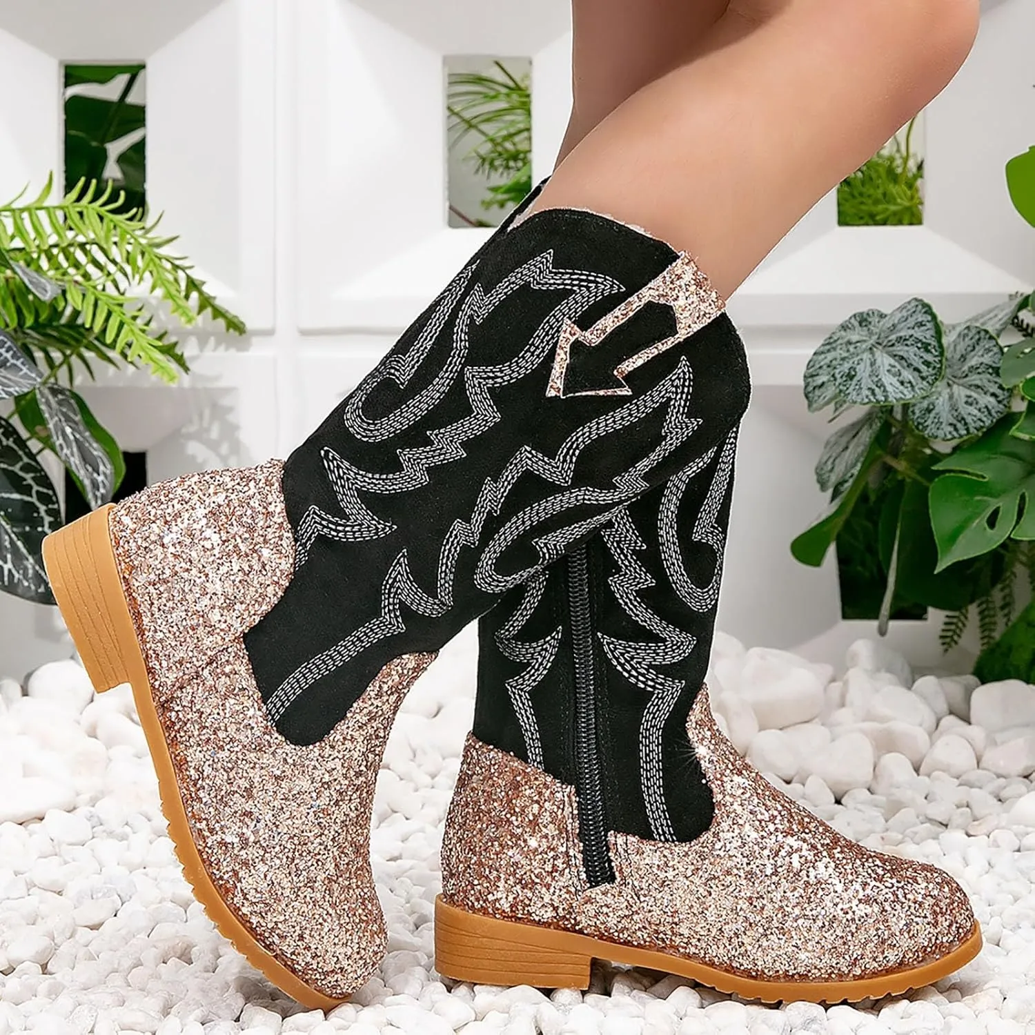 Girls Cowgirl Boots Mid Calf Square Toe Western Boot for Kids Glitter Cowboy Boots Party Toddler Girls Riding Shoes