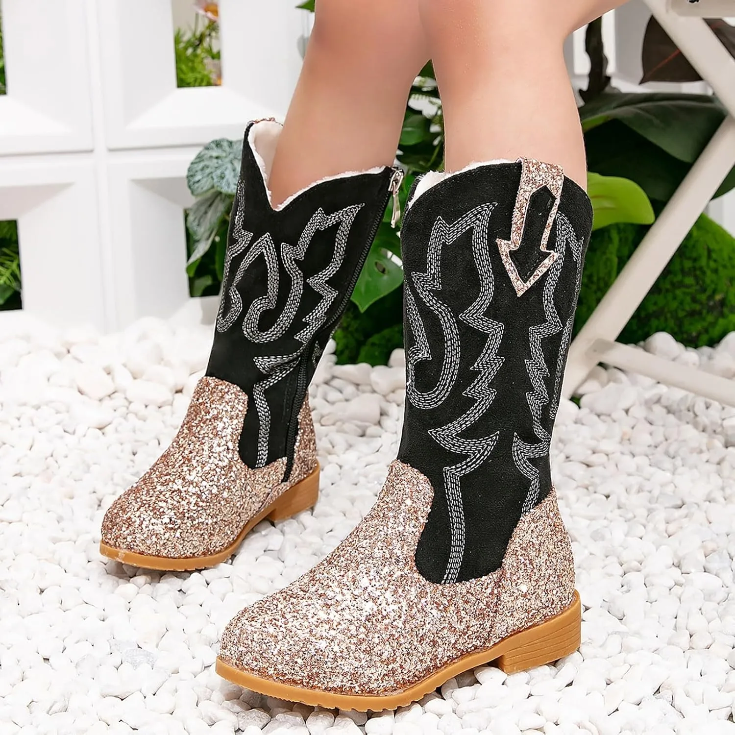 Girls Cowgirl Boots Mid Calf Square Toe Western Boot for Kids Glitter Cowboy Boots Party Toddler Girls Riding Shoes