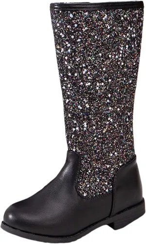 Girls Kids hinestone Mid Calf Riding Boots Sequin Fleece Plush Chunky Comfort Warm Lined Outdoor Casual Shoes