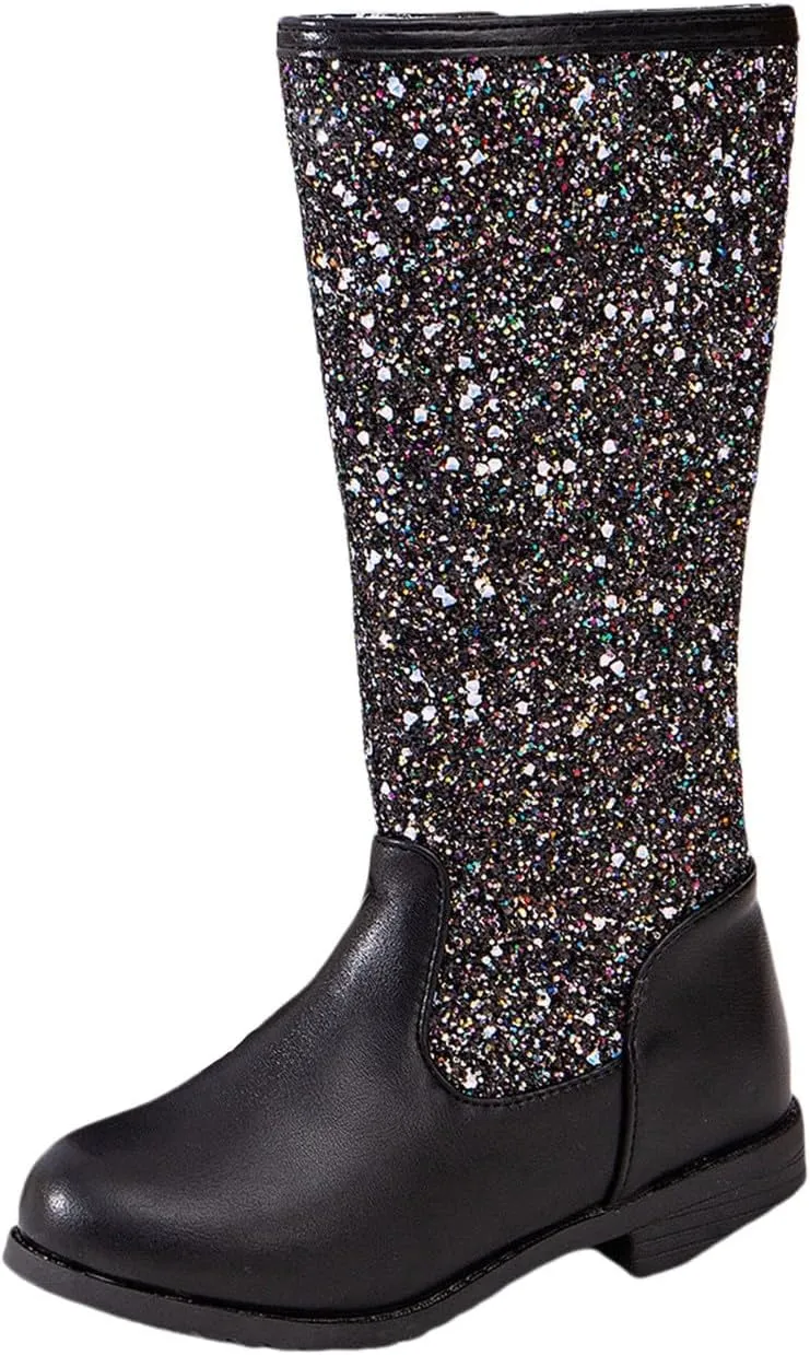 Girls Kids hinestone Mid Calf Riding Boots Sequin Fleece Plush Chunky Comfort Warm Lined Outdoor Casual Shoes