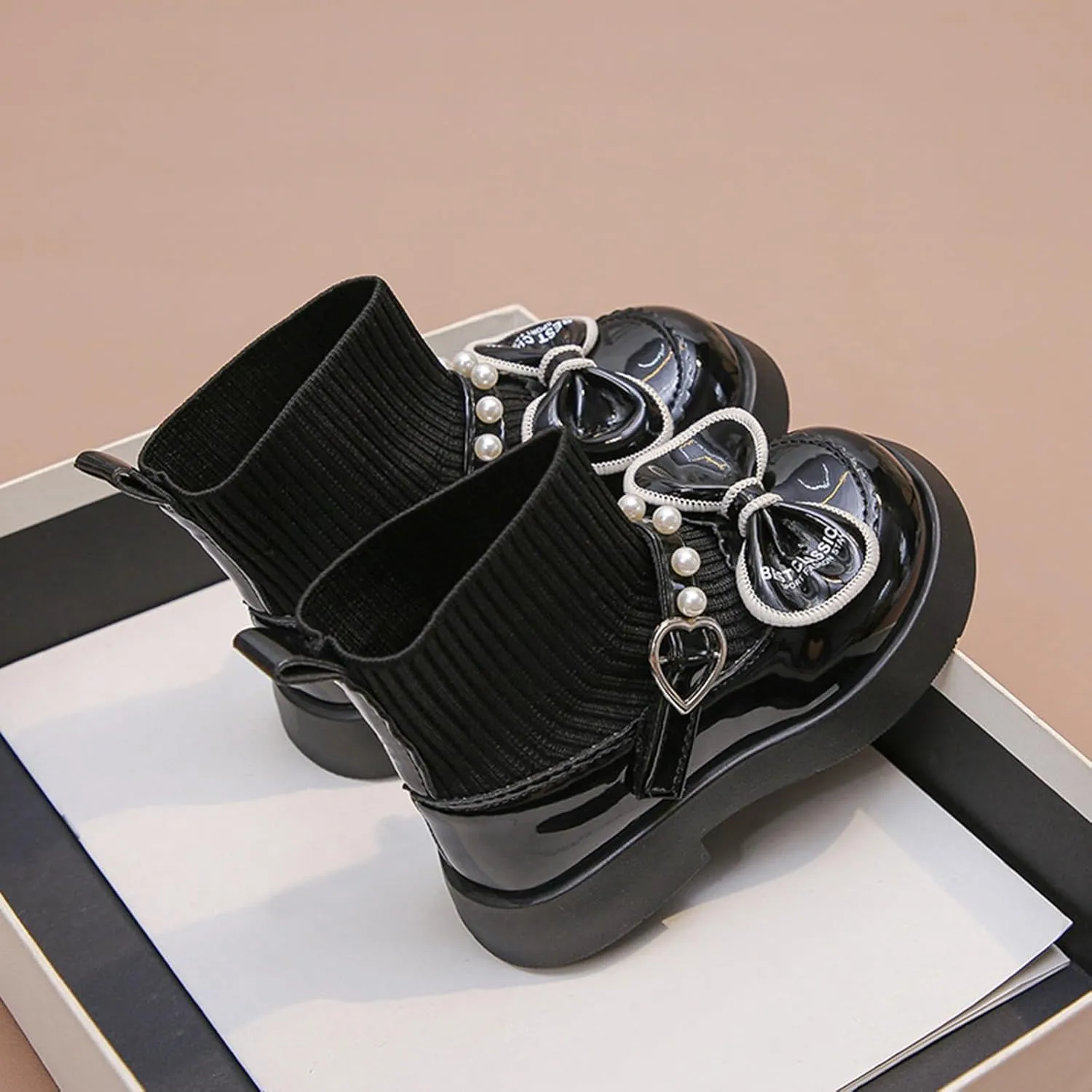 Girls Pearl Bowknot Elastic Ankle Boots Non-Slip Chunky Heel Winter Dress Shoes Fashion Leather Socks Booties