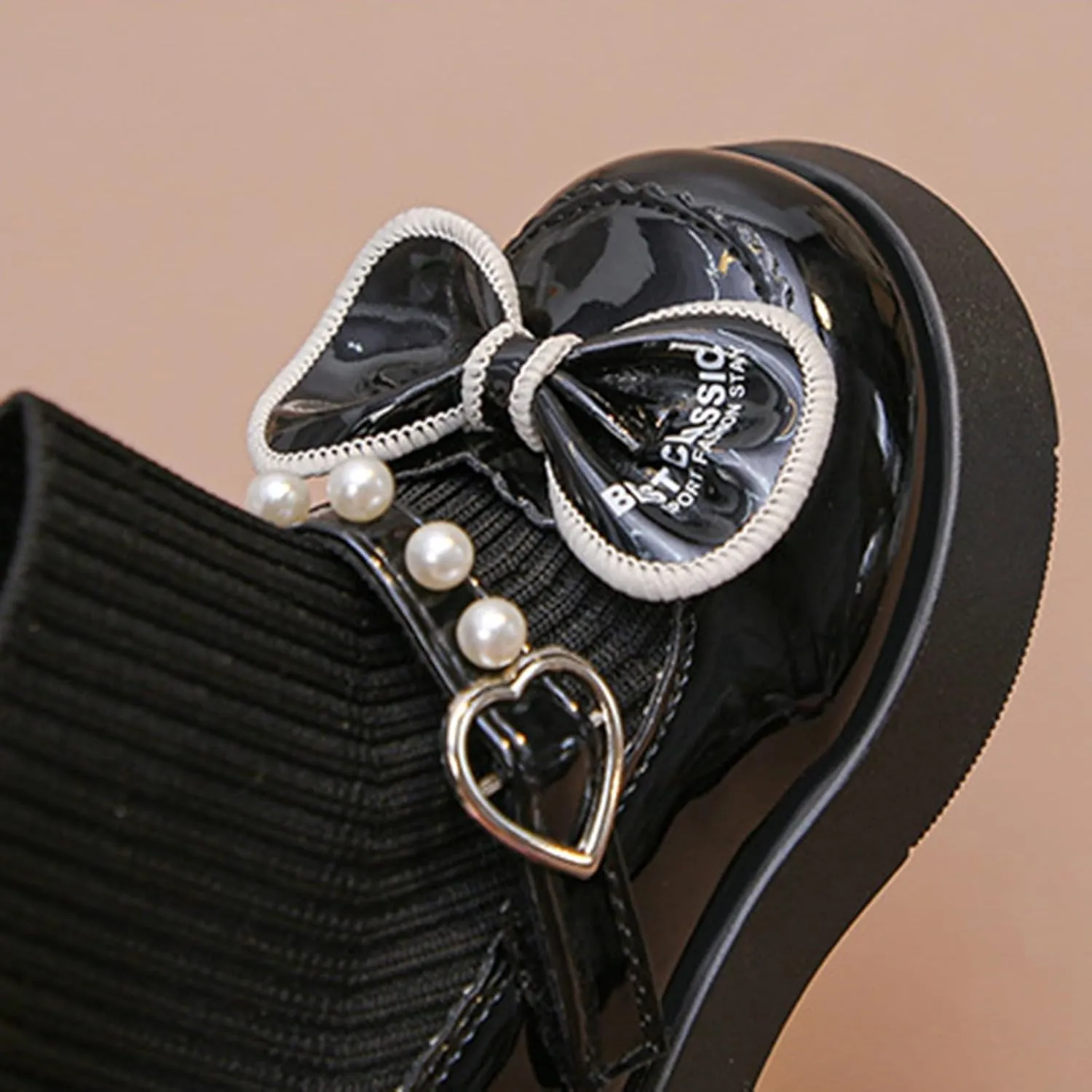 Girls Pearl Bowknot Elastic Ankle Boots Non-Slip Chunky Heel Winter Dress Shoes Fashion Leather Socks Booties