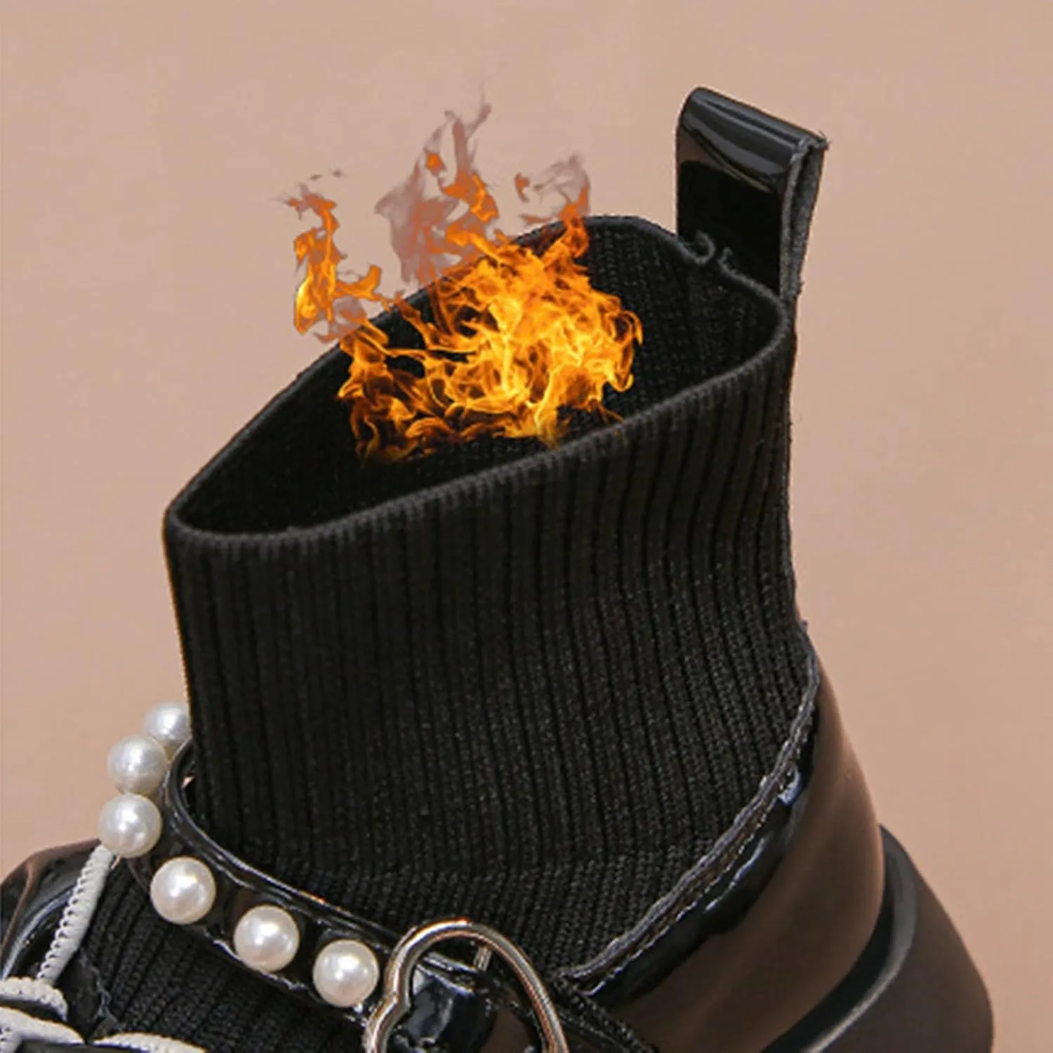 Girls Pearl Bowknot Elastic Ankle Boots Non-Slip Chunky Heel Winter Dress Shoes Fashion Leather Socks Booties