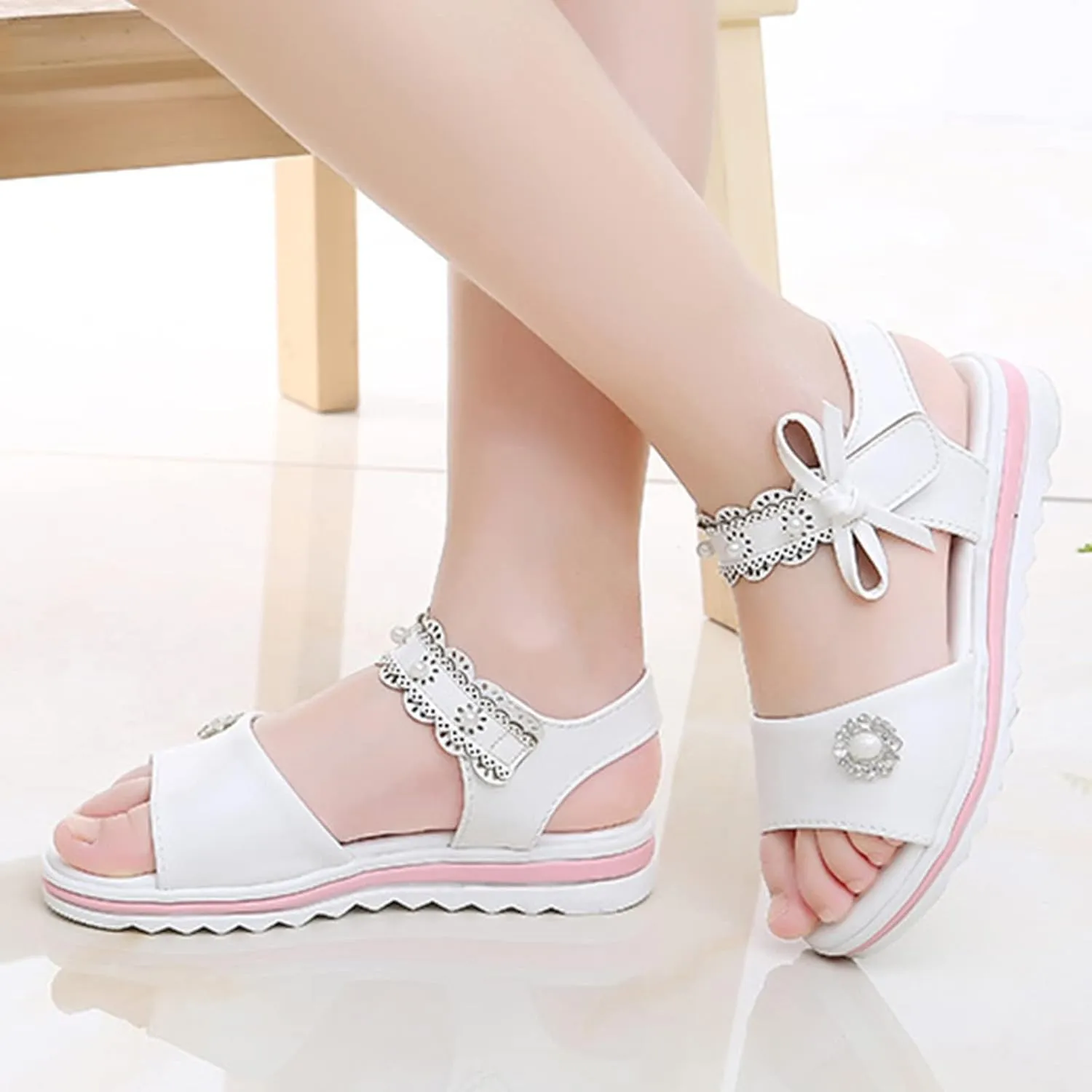 Girls Thick Sole Comfy Sandals Princess Cute Bow Soft Open Toe Dress Shoes for Wedding Birthday Party School