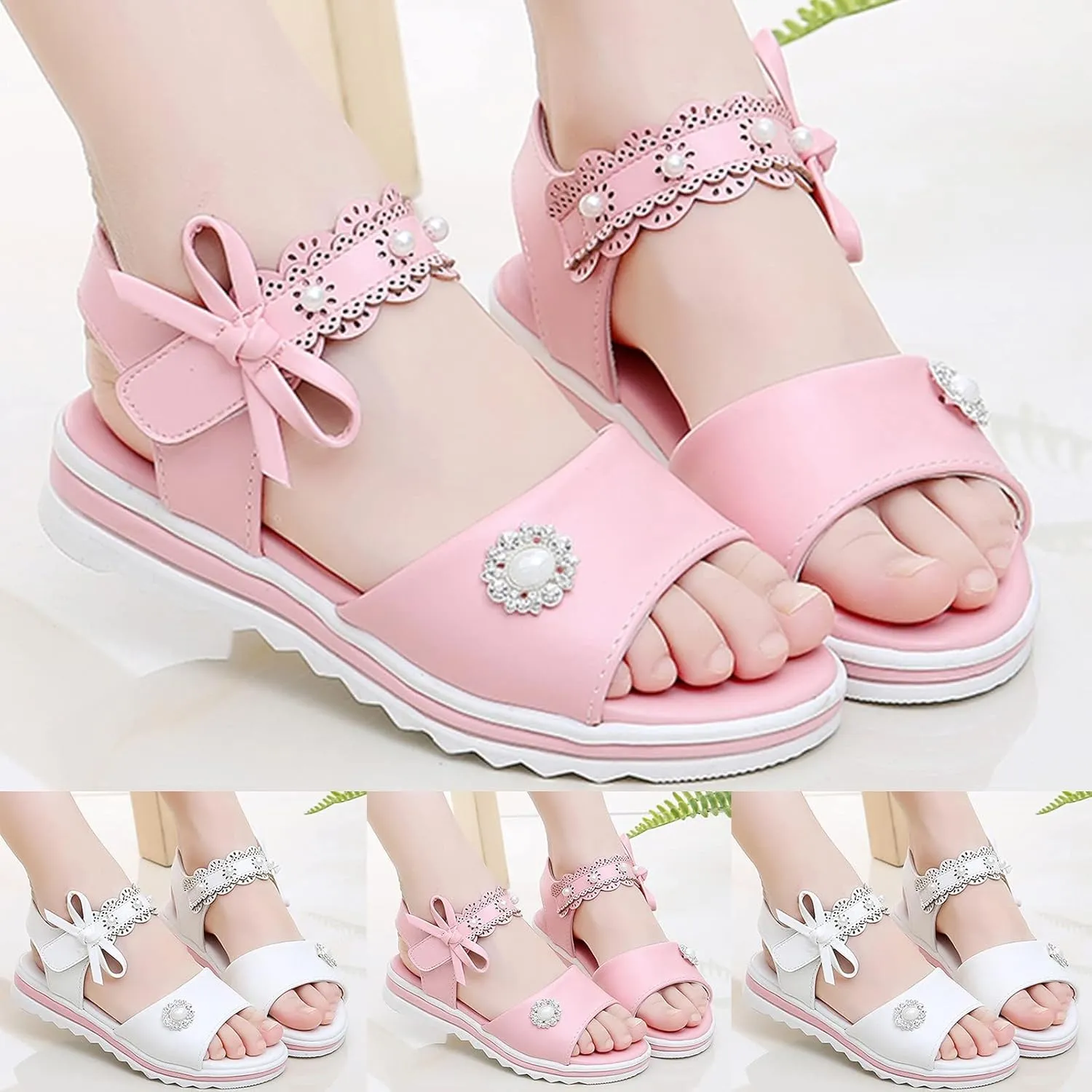 Girls Thick Sole Comfy Sandals Princess Cute Bow Soft Open Toe Dress Shoes for Wedding Birthday Party School