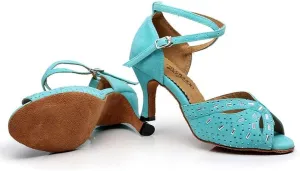 Heeled Sandals for Women Dancing Shoes Ballroom for Girls, Suede Sole Dance Shoes,Wedding Ballroom Ladies Latin Salsa Dance Shoes (Color : Blue, Size : US5/EU35/UK3)