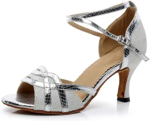 Heeled Sandals for Women Women' s Latin Dance Shoes, Salsa Party Wedding Ballroom Dancing Shoes (Color : Silver 7 5cm, Size : 5 UK)