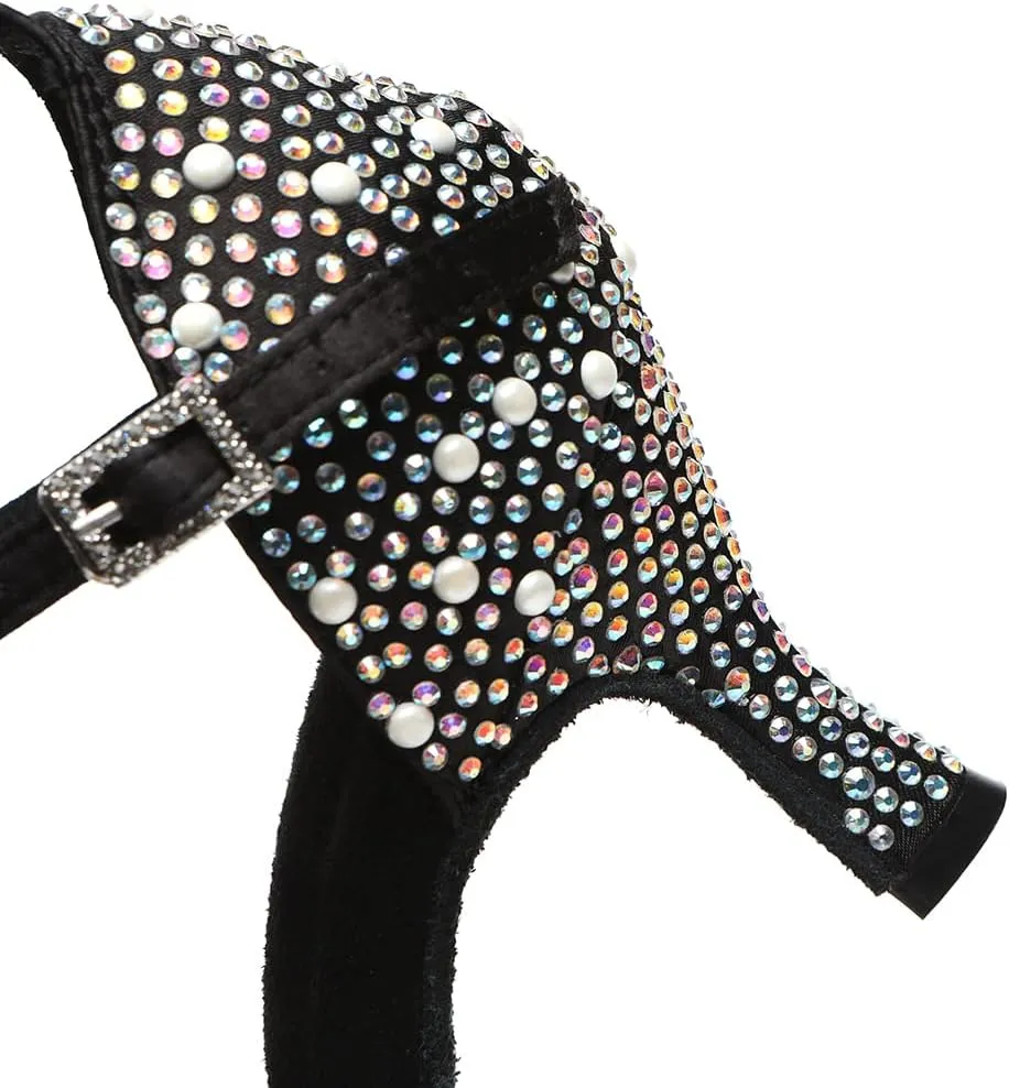 JUODVMP Women's Latin Salsa Dance Shoes Black Satin with Rhinestones Braided Ballroom Shoes Model L506