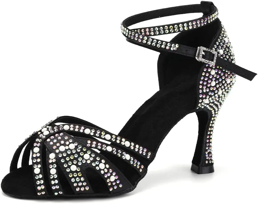JUODVMP Women's Latin Salsa Dance Shoes Black Satin with Rhinestones Braided Ballroom Shoes Model L506