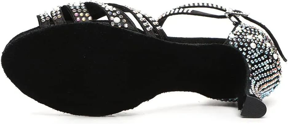JUODVMP Women's Latin Salsa Dance Shoes Black Satin with Rhinestones Braided Ballroom Shoes Model L506