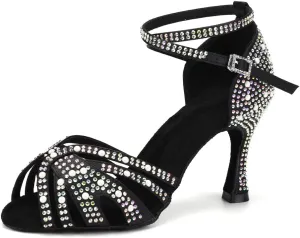 JUODVMP Women's Latin Salsa Dance Shoes Black Satin with Rhinestones Braided Ballroom Shoes Model L506