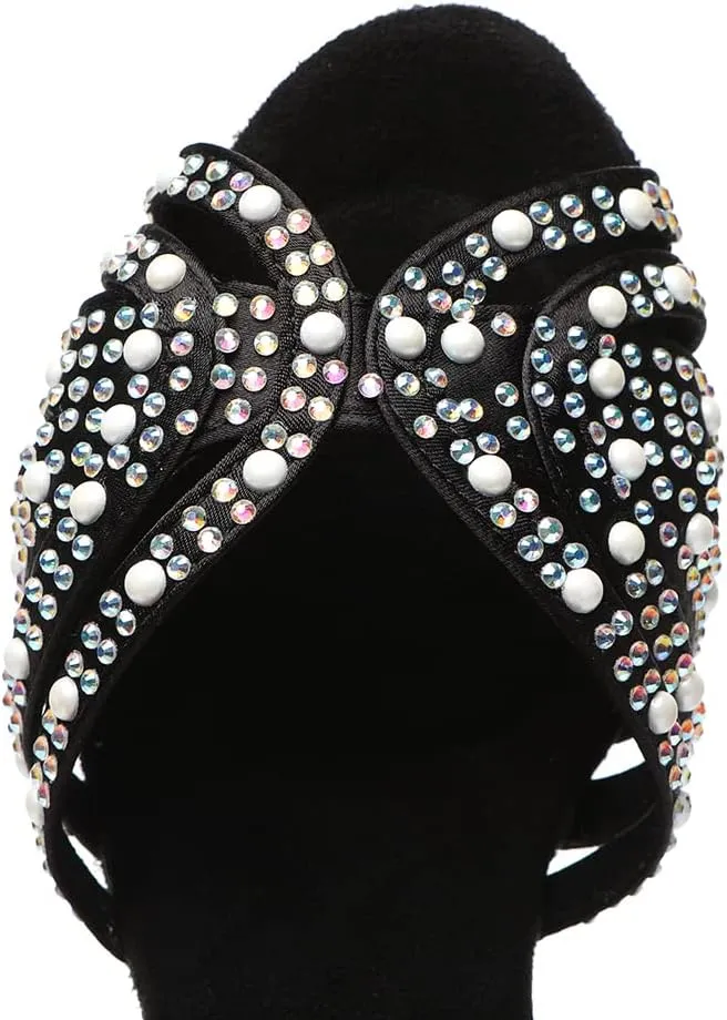 JUODVMP Women's Latin Salsa Dance Shoes Black Satin with Rhinestones Braided Ballroom Shoes Model L506