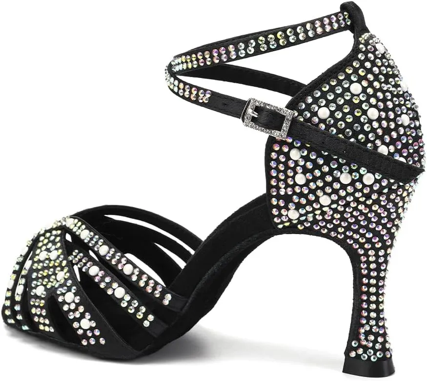 JUODVMP Women's Latin Salsa Dance Shoes Black Satin with Rhinestones Braided Ballroom Shoes Model L506