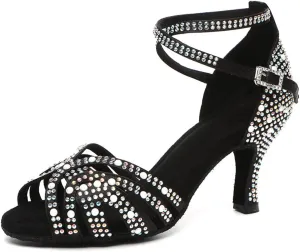 JUODVMP Women's Latin Salsa Dance Shoes Black Satin with Rhinestones Braided Ballroom Shoes Model L506