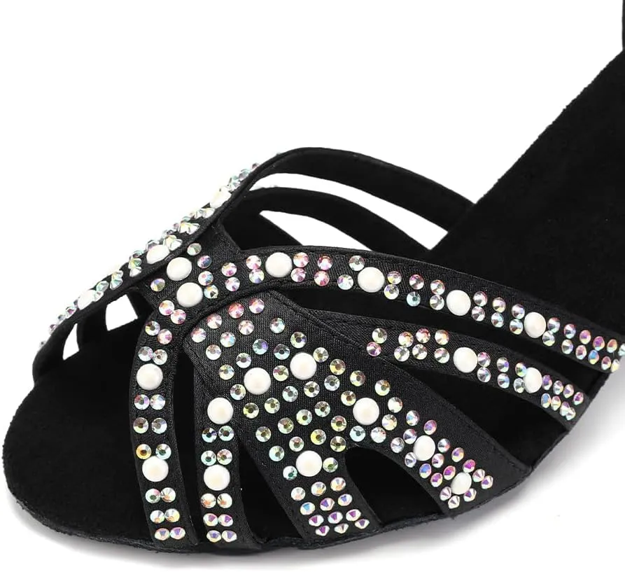 JUODVMP Women's Latin Salsa Dance Shoes Black Satin with Rhinestones Braided Ballroom Shoes Model L506