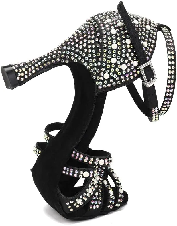 JUODVMP Women's Latin Salsa Dance Shoes Black Satin with Rhinestones Braided Ballroom Shoes Model L506