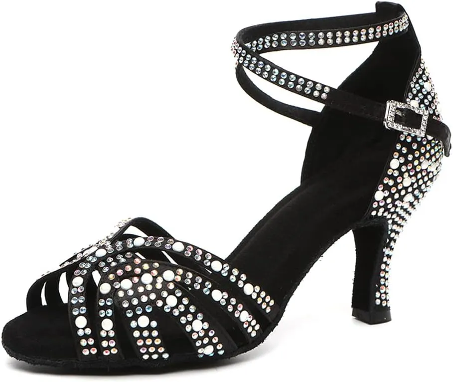 JUODVMP Women's Latin Salsa Dance Shoes Black Satin with Rhinestones Braided Ballroom Shoes Model L506