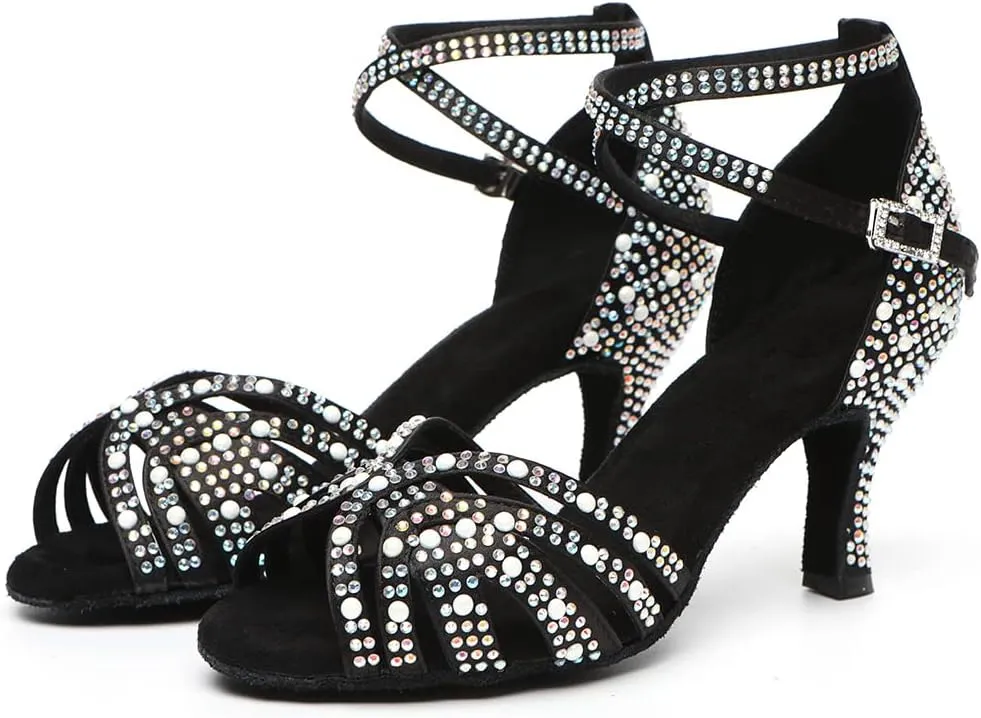 JUODVMP Women's Latin Salsa Dance Shoes Black Satin with Rhinestones Braided Ballroom Shoes Model L506