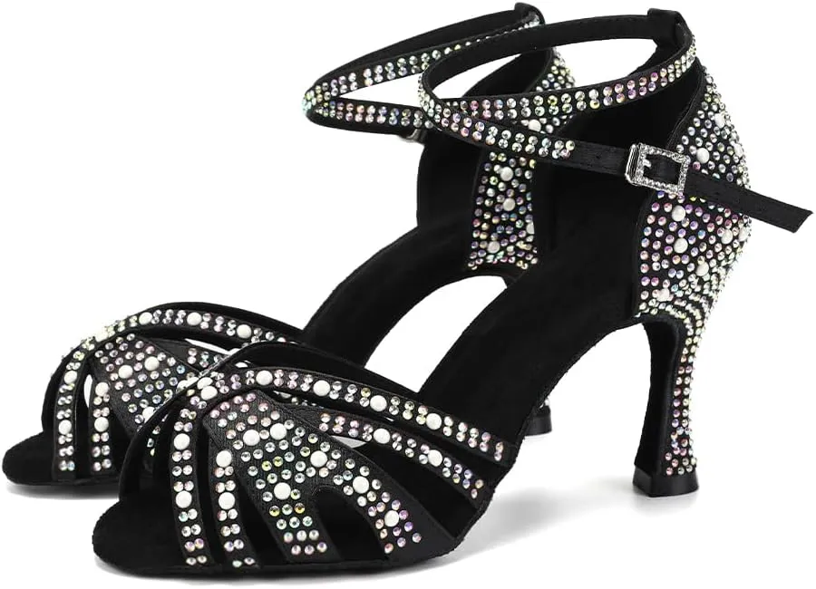JUODVMP Women's Latin Salsa Dance Shoes Black Satin with Rhinestones Braided Ballroom Shoes Model L506