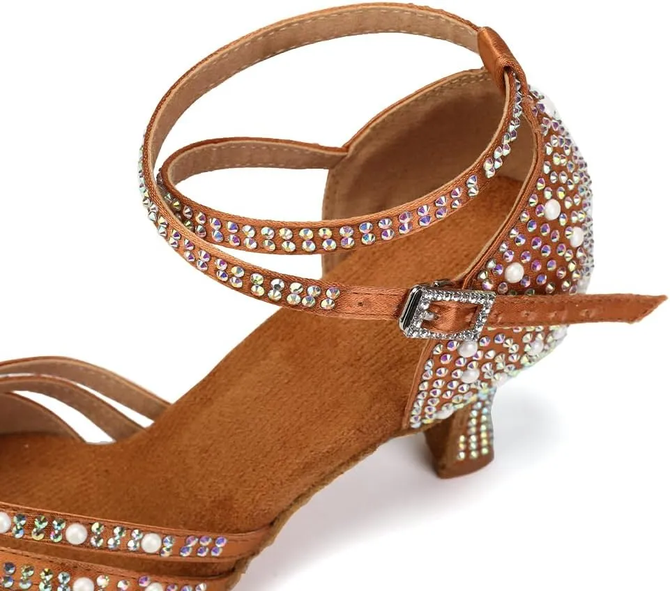 JUODVMP Women's Latin Salsa Dance Shoes Brown Satin with Rhinestones Braided Ballroom Shoes Model L506