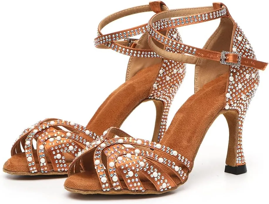 JUODVMP Women's Latin Salsa Dance Shoes Brown Satin with Rhinestones Braided Ballroom Shoes Model L506