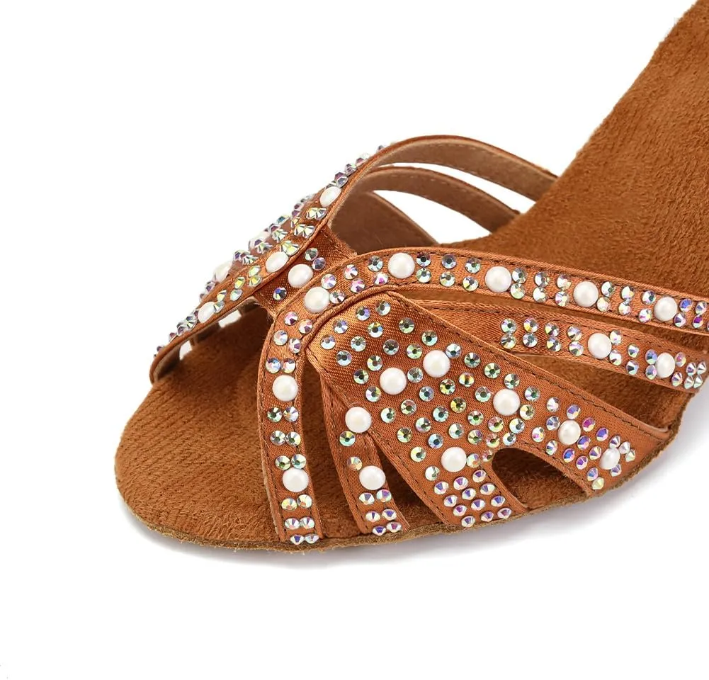 JUODVMP Women's Latin Salsa Dance Shoes Brown Satin with Rhinestones Braided Ballroom Shoes Model L506