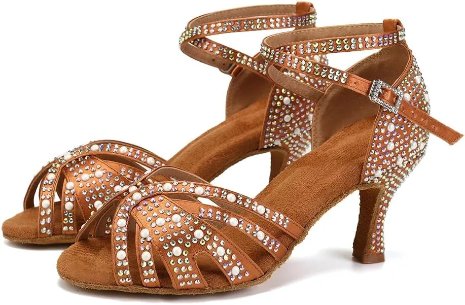 JUODVMP Women's Latin Salsa Dance Shoes Brown Satin with Rhinestones Braided Ballroom Shoes Model L506