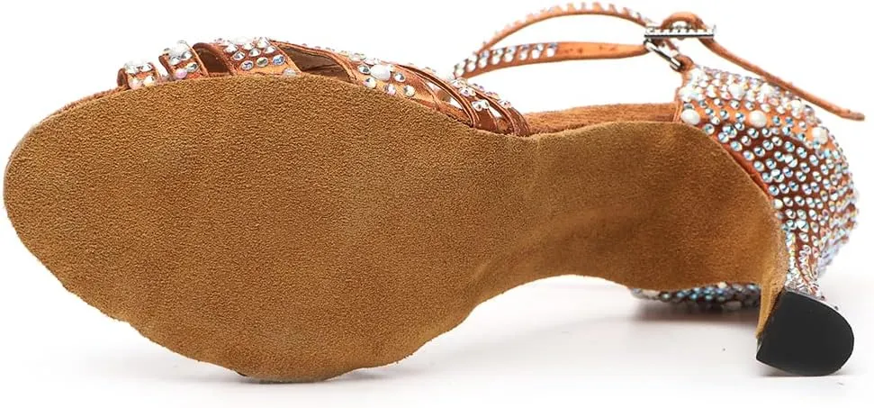 JUODVMP Women's Latin Salsa Dance Shoes Brown Satin with Rhinestones Braided Ballroom Shoes Model L506