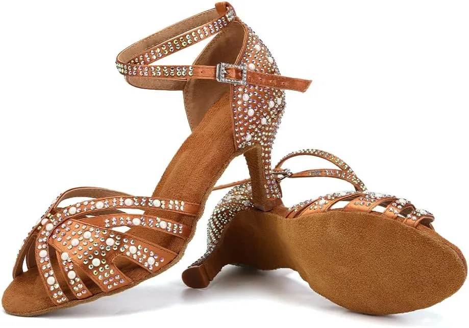 JUODVMP Women's Latin Salsa Dance Shoes Brown Satin with Rhinestones Braided Ballroom Shoes Model L506