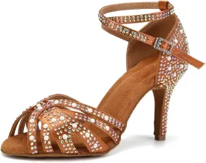 JUODVMP Women's Latin Salsa Dance Shoes Brown Satin with Rhinestones Braided Ballroom Shoes Model L506