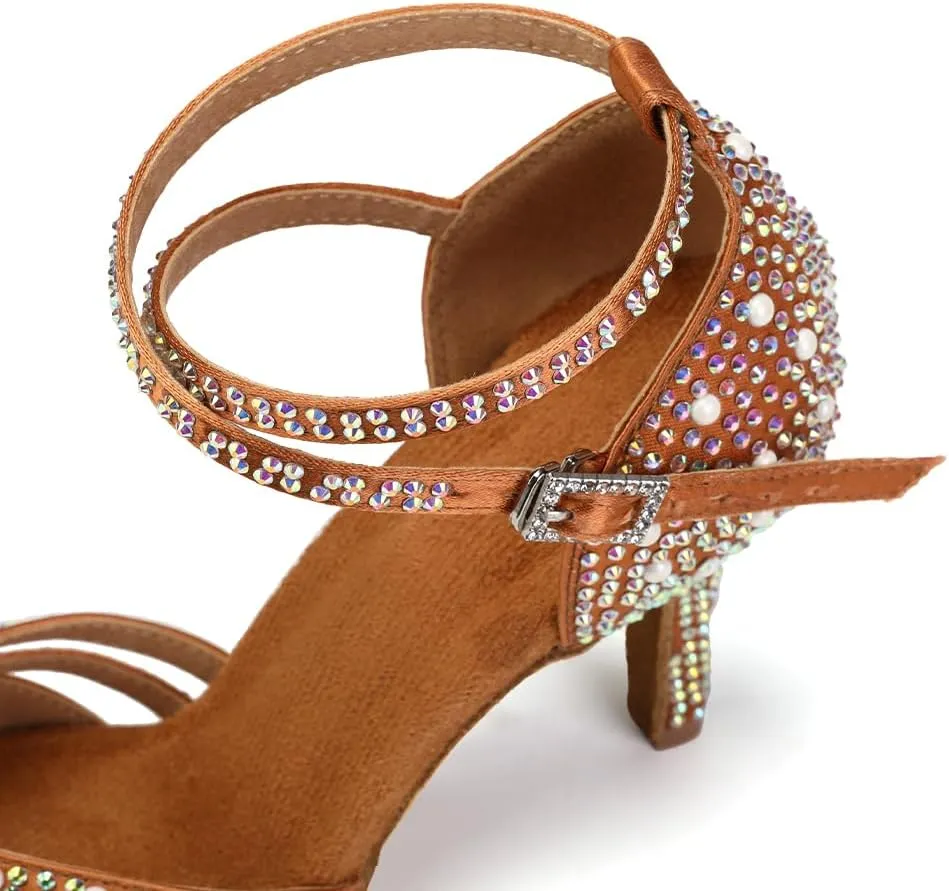 JUODVMP Women's Latin Salsa Dance Shoes Brown Satin with Rhinestones Braided Ballroom Shoes Model L506