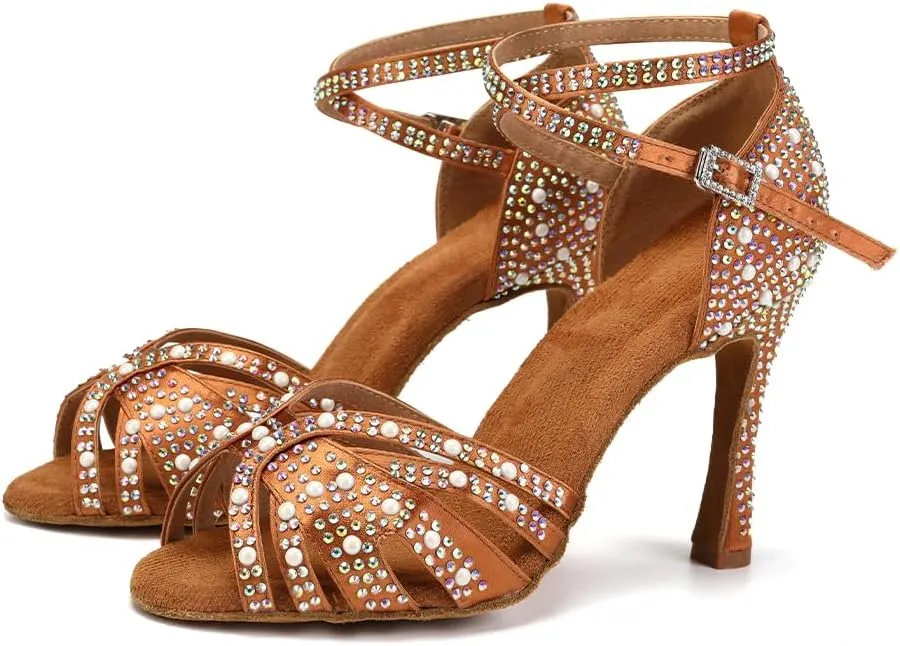 JUODVMP Women's Latin Salsa Dance Shoes Brown Satin with Rhinestones Braided Ballroom Shoes Model L506