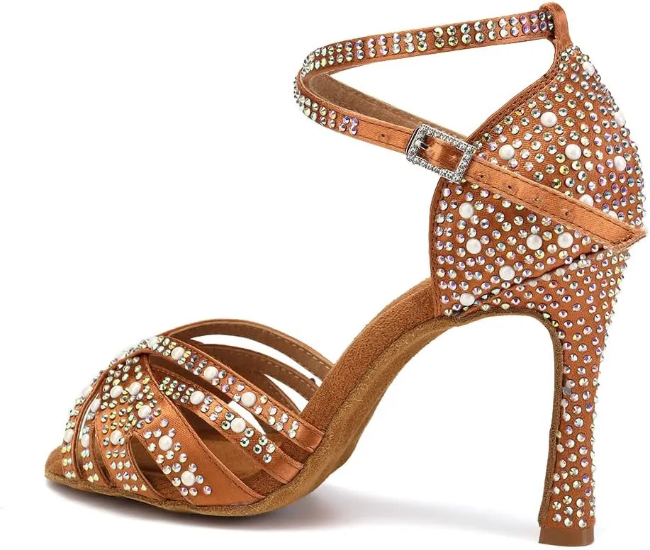 JUODVMP Women's Latin Salsa Dance Shoes Brown Satin with Rhinestones Braided Ballroom Shoes Model L506